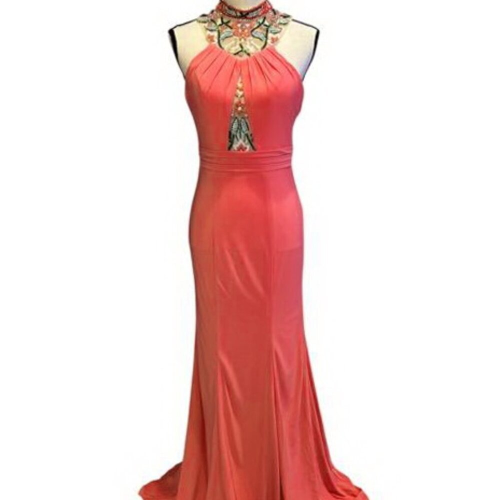 Cinderella Divine Coral Beaded Long Halter Dress